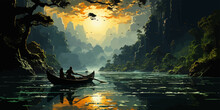 Boy Rowing A Boat In A River Through The Forest, Digital Art Style, Illustration Painting -