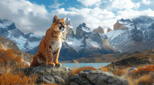 Puma Sitting On A Rocky Ledge Overlooking A Sprawling Mountainous Landscape, Ai Generated