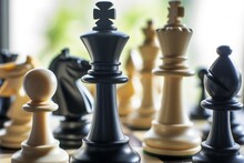 Closeup Of White And Black Chess Pieces In Starting Positions