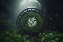 Abandoned Giant Rusty Round Device Or Gates Stands Amidst A Lush Forest, Encircled By Vibrant Ferns And Bathed In Dappled Sunlight