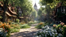 Springtime Medieval Village Atmosphere, Butterflies Fluttering Over Flowers. Seamless Looping 4k Time-lapse Animated Video Background