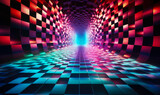 Fototapeta Perspektywa 3d - Futuristic checkered tunnel with a dynamic perspective, evoking a sense of speed, motion, and virtual reality in a surreal digital landscape