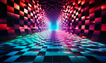 Poster - futuristic checkered tunnel with a dynamic perspective, evoking a sense of speed, motion, and virtua