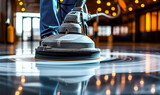 Fototapeta  - Professional janitorial staff using an industrial floor buffer machine for cleaning and polishing the hallway of a modern corporate or commercial building