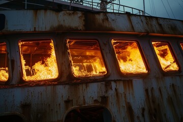 Poster - abandoned cruise ship with flames leaping from windows