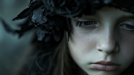 sad girl with a black wreath on her head.