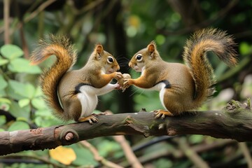 two squirrels sharing a brazil nut on tree branch