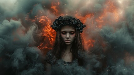  sad girl with a black wreath on her head against a background of smoke and fire.