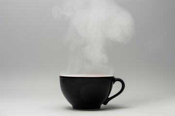 stream of steam rising straight from a black coffee cup on white