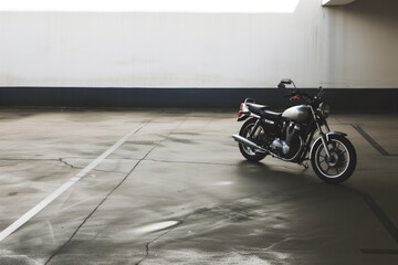 Canvas Print - empty parking facility with a single motorcycle parked in the corner