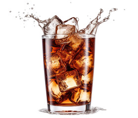 Poster - Refreshing cola drink with ice cubes splashing in a glass, cut out