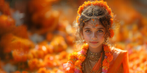 Wall Mural - Indian girl. Indian Traditional flower decoration, Indian festival garland. Ugadi celebration