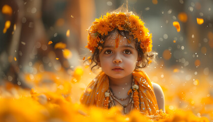 Wall Mural - Indian girl. Indian Traditional flower decoration, Indian festival garland. Ugadi celebration