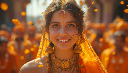 Wall Mural - Indian woman. Indian Traditional flower decoration, Indian festival garland. Ugadi celebration