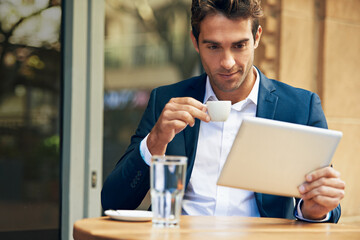 Aufkleber - Businessman, reading and outdoor at cafe with tablet for news, article or internet research in London. Online, communication and drink espresso with tech for social media and scroll blog on website