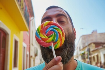 Sticker - man with beard licking a colorful spiral lollipop in a bright setting