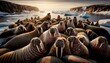 A walrus colony on a rocky, icy shoreline, with each walrus in sharp focus, showcasing their detailed skin textures and tusks.