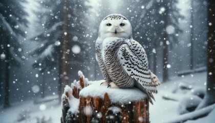Wall Mural - A snowy owl perched on a tree stump during a gentle snowfall, with a soft focus on the falling snowflakes and a sharp focus on the owl's features.