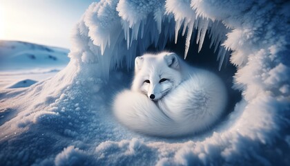 an arctic fox curled up in a snowy den, with its thick white fur blending into the snowy environment