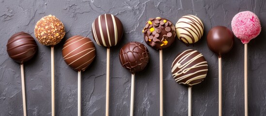 Sticker - Assorted homemade chocolate lollipops on sticks.