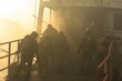 rescue team boarding a smoky, evacuated ship