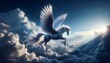 A photorealistic image of a majestic winged unicorn, or pegasus, soaring through the clouds.