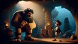 A whimsical, animated art style scene depicting the tense moment of encounter between Polyphemus, the cyclops from Greek mythology, and Odysseus.