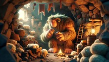 A Whimsical, Animated Art Style Scene Depicting Polyphemus, The Famous Cyclops From Greek Mythology, In His Dark, Rugged Cave.