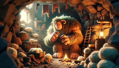 Wall Mural - A whimsical, animated art style scene depicting Polyphemus, the famous cyclops from Greek mythology, in his dark, rugged cave.