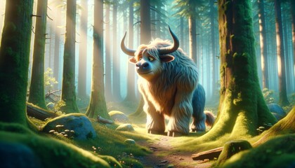 a whimsical animated art style depiction of a minotaur in a serene, natural forest environment.