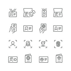 Vector line set of icons related with ID and verification. Contains monochrome icons like passport, badge, license, document, id, card and more. Simple outline sign.
