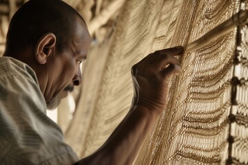 Wall Mural - side view of a man inspecting woven fabric for flaws