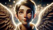 A detailed close-up of an angel's face with expressive eyes and glowing wings, in a whimsical animated art style with a 16_9 ratio.