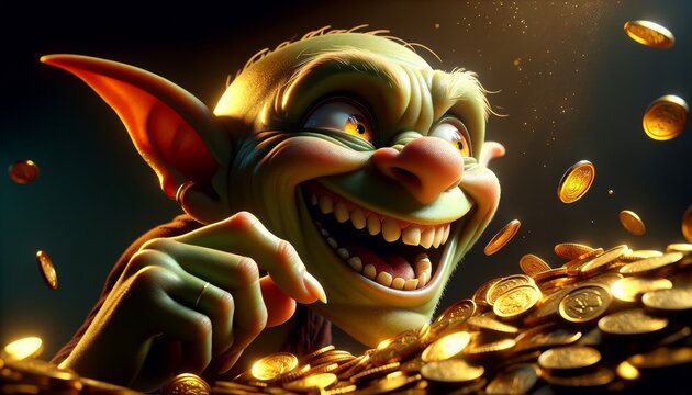 A close-up of a goblin's mischievous grin, with gold coins scattered around.