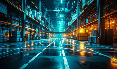 Poster - Advanced virtual warehouse interface with holographic storage layout and futuristic cyber infrastructure