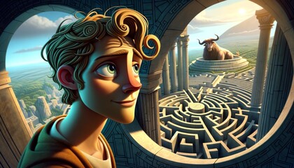 Wall Mural - A whimsical, animated art style depiction of Daedalus looking over the labyrinth, a mix of pride and sorrow in his expression.