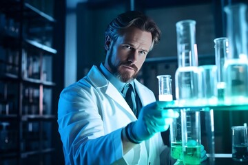 handsome male scientist holding a test tube with a solution in gloves in a research lab or doing chemical