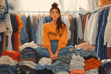 Wall Mural - A young girl sits on a mountain of clothes in her room. Overconsumption problem concept