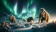 A serene image of a woolly mammoth herd grazing on sparse vegetation poking through the snow, with the aurora borealis lighting up the night sky.