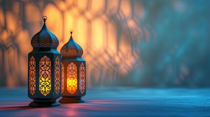 Wall Mural - Image of beautiful Arabic lantern for ramadan kareem greetings with lovely background.