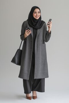 Pretty young asian moslem woman with headscarf and business outfit holding smartphone in her hands. Portrait of young asian modern woman and religious concept.