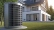 An efficient air heat pump elegantly placed near a modern house.