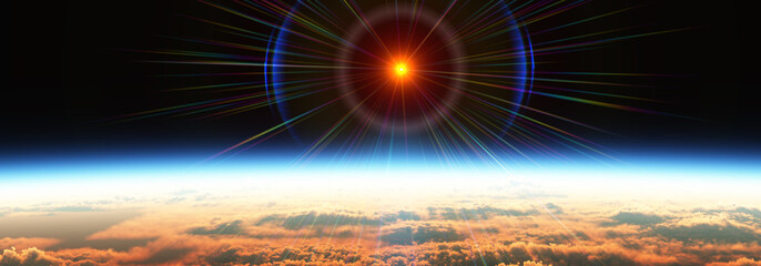 Wall Mural - earth sunrise from space over cloudy ocean. 3d rendering