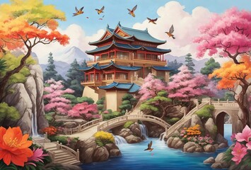 Wall Mural - lofi style traditional japanese street in a qua