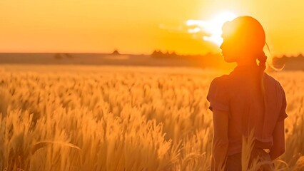 Poster - Woman Standing in Wheat Field at Sunset Generative AI