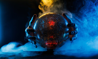 Wall Mural - Crystal sphere in hands. Magic ball predictions. Mysterious composition. Fortune teller, mind power, prediction, halloween concept. Wide angle horizontal wallpaper.