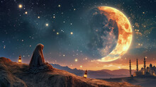 Illustration Of A Woman Praying On A Rock In A Burqa Against The Background Of A Shining Moon And A Mosque, Poster