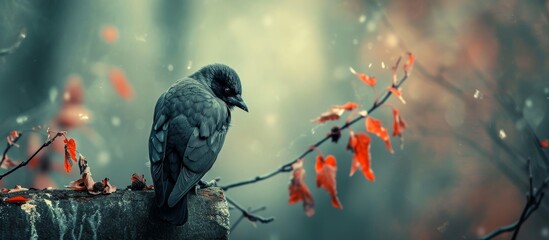 Canvas Print - A perching bird with feathers is on a tree branch with red leaves, using its beak to balance on the twig, showcasing a beautiful natural event.