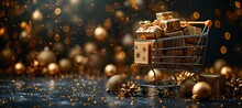 Golden Gift Basket With Christmas Presents Generative AI