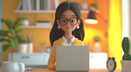 3d rendering female characters working at desk with laptop